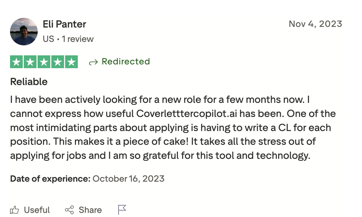 Trustpilot Review 1 - Cover Letter Copilot